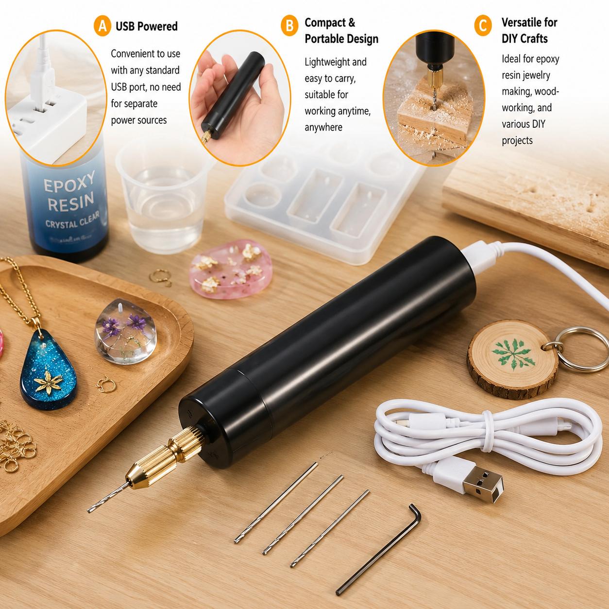 Jewelry Making Rotary Tool - Mini Electric Drill USB Powered Handheld